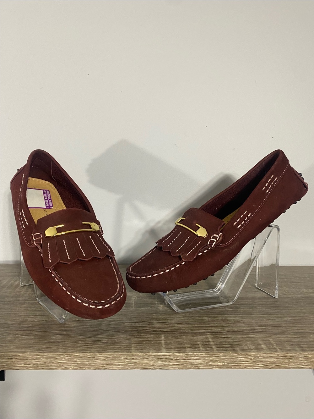 Mercanti Fiorentini Burgundy Suede Kiltie Loafers with Gold Bit
